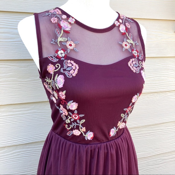 Embroidered Burgundy Boho Tulle Dress S - Picture 5 of 16